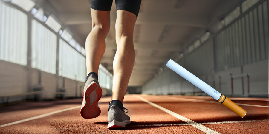 close up view of runner's legs while running on a track beside a picture of an e-cigarette at the bottom right side