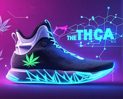 Futuristic sports gear infused with THCA elements, featuring cannabis-inspired designs and molecular patterns, symbolizing advancements in recovery and athletic performance.
