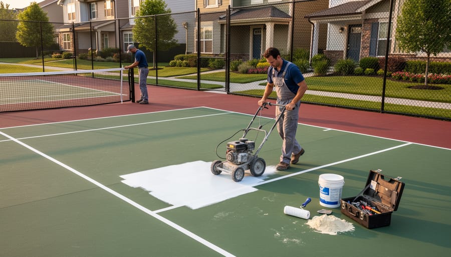 Close-up of contractor repainting basketball court lines during property preparation