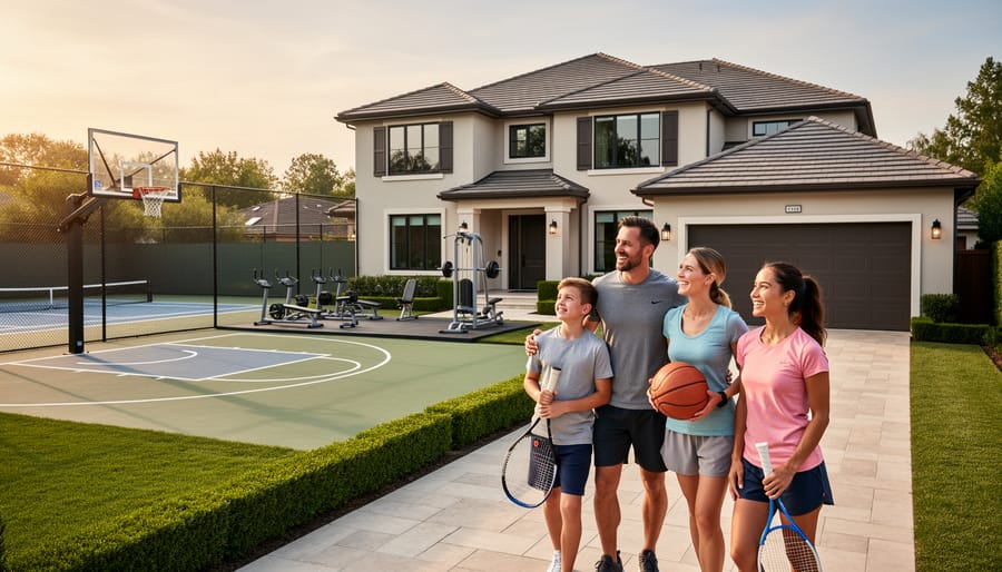 Family viewing inherited house with basketball court during property showing