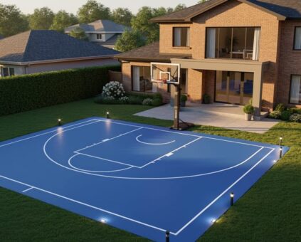 A 45-degree aerial view of a suburban house with a well-maintained half-court basketball court, adjustable hoop, and lighting, shown at golden hour with neighboring homes and trees in the background.