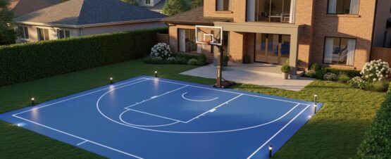 A 45-degree aerial view of a suburban house with a well-maintained half-court basketball court, adjustable hoop, and lighting, shown at golden hour with neighboring homes and trees in the background.