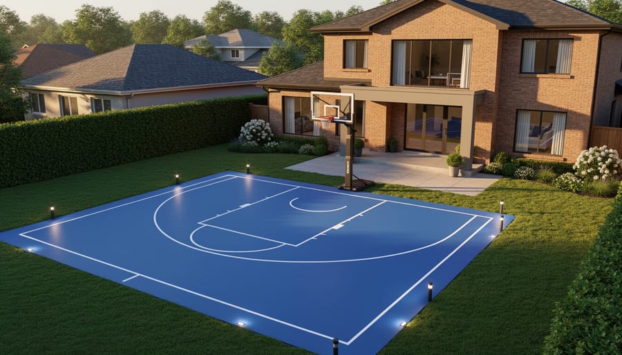 A 45-degree aerial view of a suburban house with a well-maintained half-court basketball court, adjustable hoop, and lighting, shown at golden hour with neighboring homes and trees in the background.