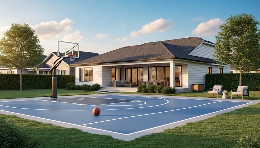 Aerial view of outdoor residential basketball court with professional markings and hoop