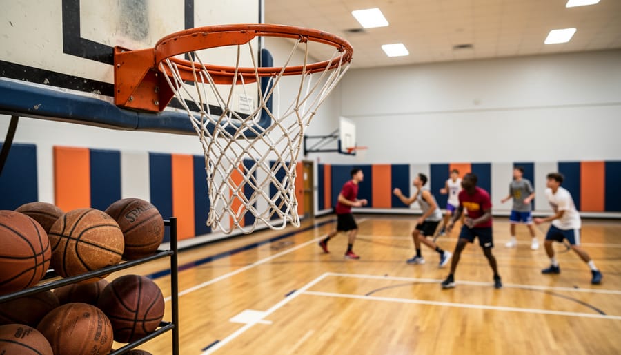 Refurbished portable basketball hoop and training area in a community gym.