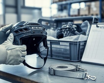 Gloved hands inspecting refurbished ice-hockey equipment on a workbench with shipping materials in the background, representing international sourcing and quality checks.