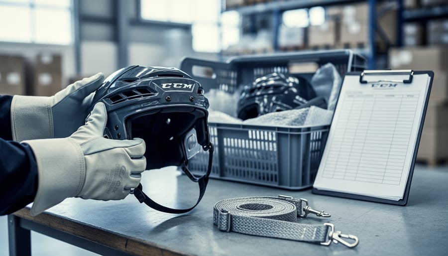 Gloved hands inspecting refurbished ice-hockey equipment on a workbench with shipping materials in the background, representing international sourcing and quality checks.