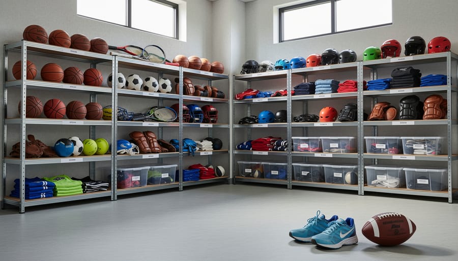 Sports facility storage room with organized second-hand basketballs and weight equipment.