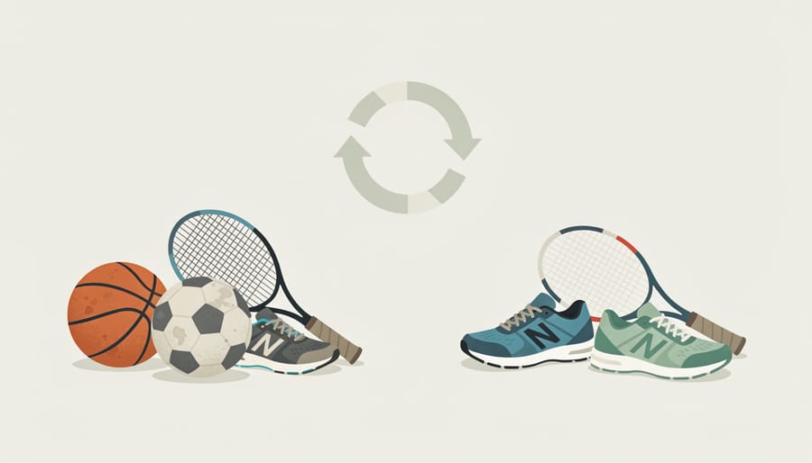 Used running shoe placed beside a newer shoe to symbolize sustainability through reuse.