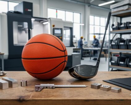 Basketball and golf equipment components on a workbench in a modern U.S. sporting goods manufacturing facility, with CNC machinery and shelves blurred in the background.