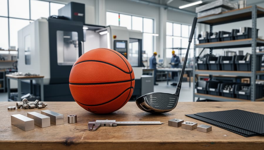 Basketball and golf equipment components on a workbench in a modern U.S. sporting goods manufacturing facility, with CNC machinery and shelves blurred in the background.