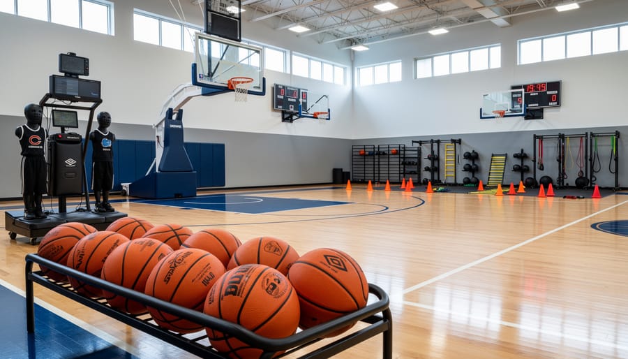 Basketball practice scene with hoop, basketballs, and a coach adjusting training equipment in an indoor gym