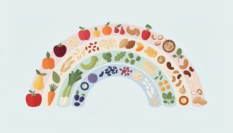 Colorful assortment of whole foods, vegetables, fruit, whole grains, and nuts, arranged on a cutting board.