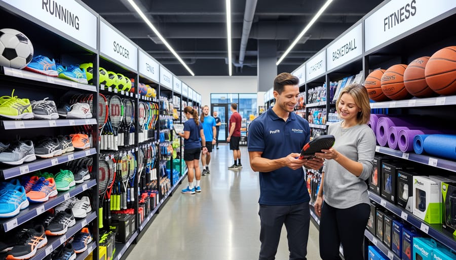 Customer being assisted inside a modern sporting goods store with sports equipment on display