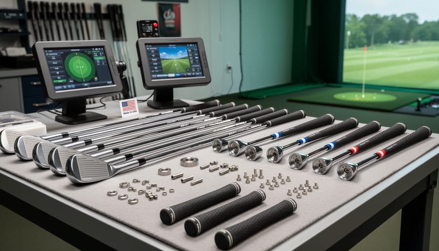 Golf club fitting workspace with putter on a measurement stand and club components nearby