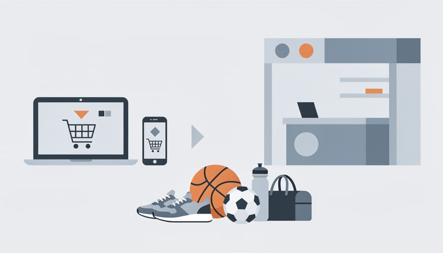 Hand holding a smartphone with sports equipment pickup shelf in the background