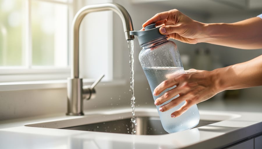 Hands filling a reusable water bottle with water in a bright kitchen, with droplets and condensation visible.