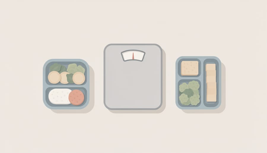 Person measuring food portions with a scale and preparing a reusable container on a kitchen table.