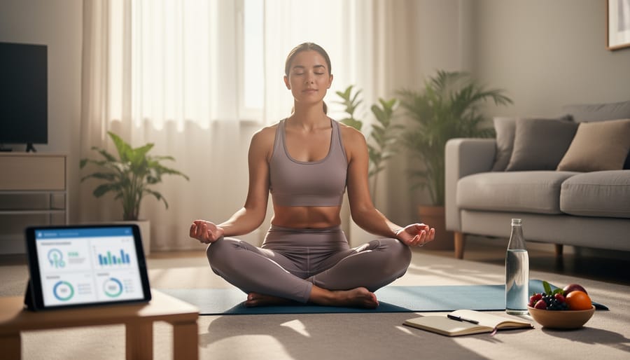 Person meditating on a yoga mat with eyes closed in a softly lit room, plants and gym equipment blurred in the background.