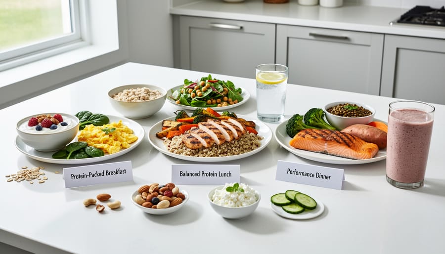 Protein-focused meal on a kitchen counter with grilled protein, yogurt, berries, and nuts arranged on a plate.