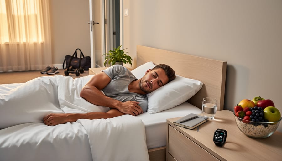 Restful bedroom scene with a neatly made bed, nightstand items, and a glass of water indicating a focus on better sleep.