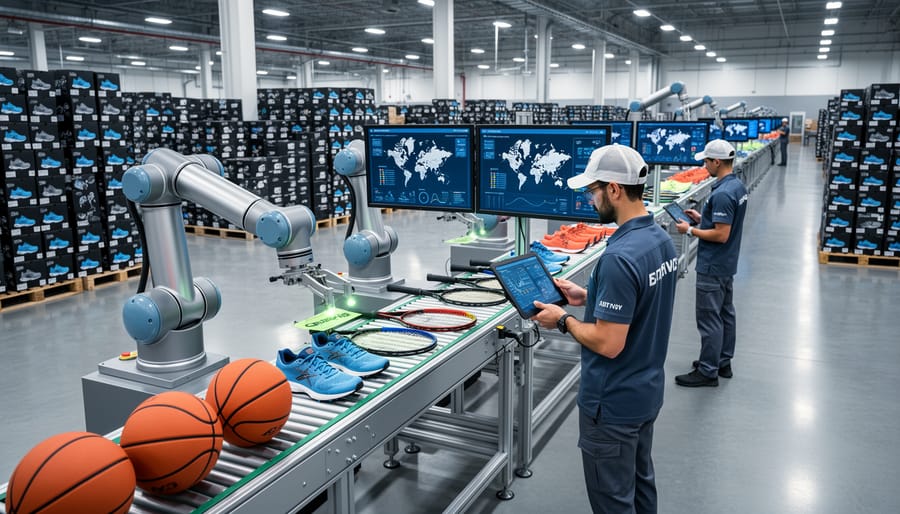 Robotic arms assembling composite sporting rackets on a clean US factory floor