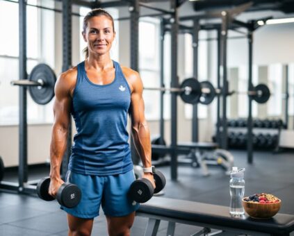An active adult working out with dumbbells in a gym, with whole-food ingredients and a water bottle on a bench nearby.