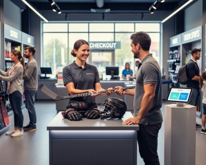 Staff member assisting a customer in a modern sporting equipment store with hockey gear while shoppers browse sports equipment in the background.