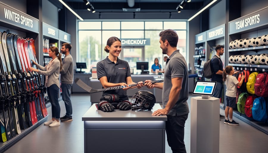 Staff member assisting a customer in a modern sporting equipment store with hockey gear while shoppers browse sports equipment in the background.