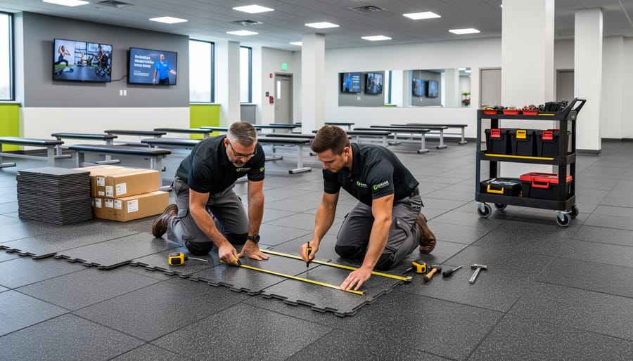 Sports equipment store technician installing artificial turf seams in a training facility