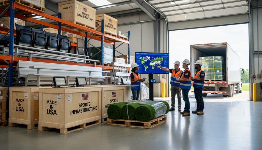 Warehousing loading dock with pallets of sporting facility equipment prepared for shipment
