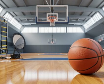 Basketball facility feature image showing a regulation hoop, basketball on hardwood court flooring, and nearby training and player protective gear.