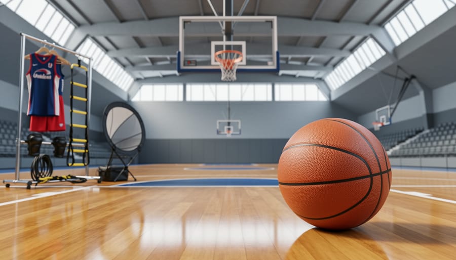 Basketball facility feature image showing a regulation hoop, basketball on hardwood court flooring, and nearby training and player protective gear.