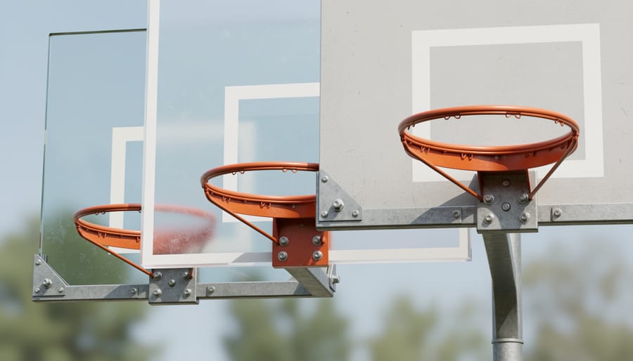 Close-up of a basketball backboard made with tempered glass and visible mounting hardware