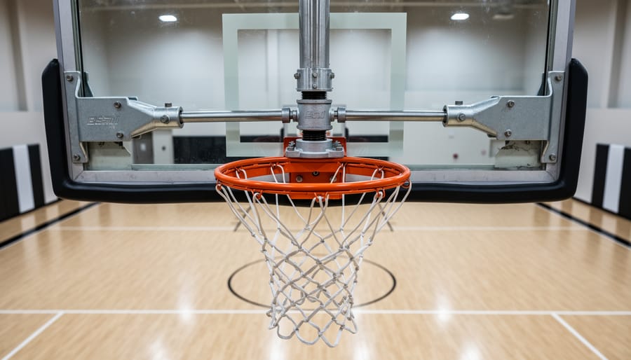 Indoor basketball hoop with adjustable backboard and breakaway rim against an empty gym backdrop