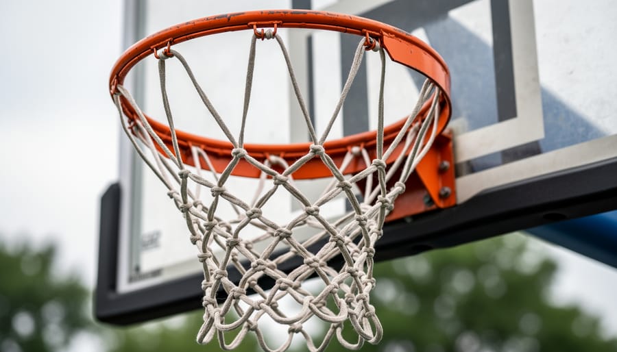 Basketball net attached to a rim with net strands clearly visible