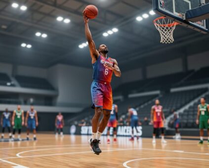 Basketball player releasing a jump shot during shooting drills on an indoor hardwood court with the hoop in view