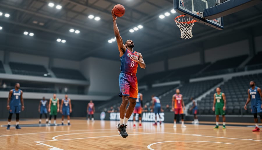 Basketball player releasing a jump shot during shooting drills on an indoor hardwood court with the hoop in view