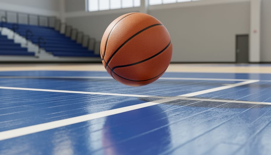 View of basketball court flooring with clean surface texture and court lines