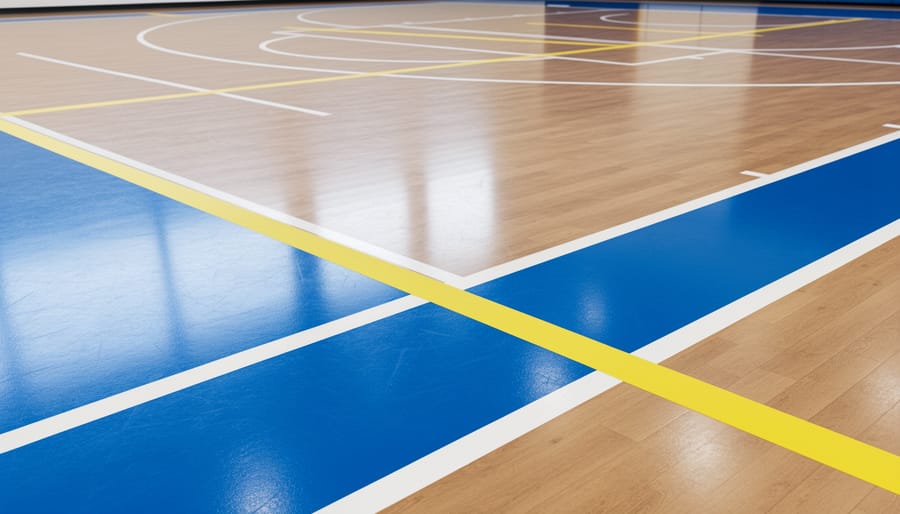 Close-up of basketball court line markings with paint and tape texture