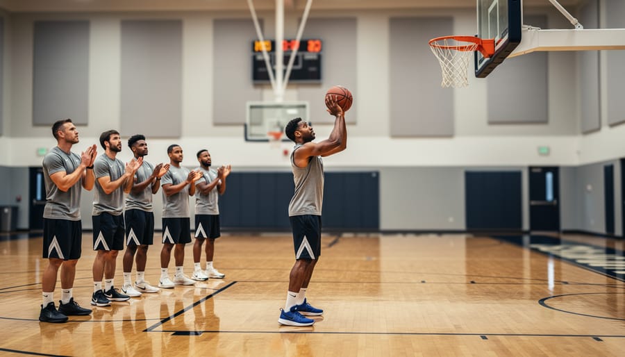 Basketball player practicing a form shot near the basket during a shooting drill session