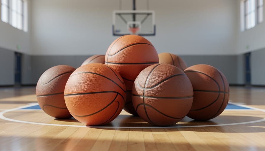 Basketballs showing distinct textures and seams on a gym floor