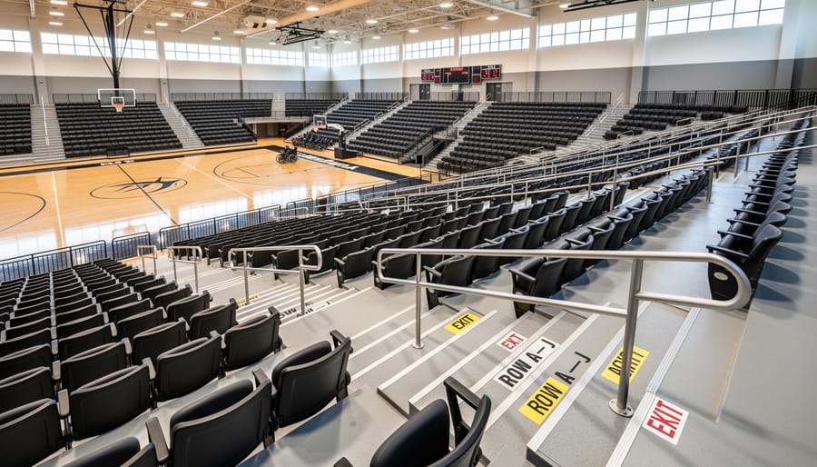 Gym bleachers and spectator seating with safety railings and aisle space