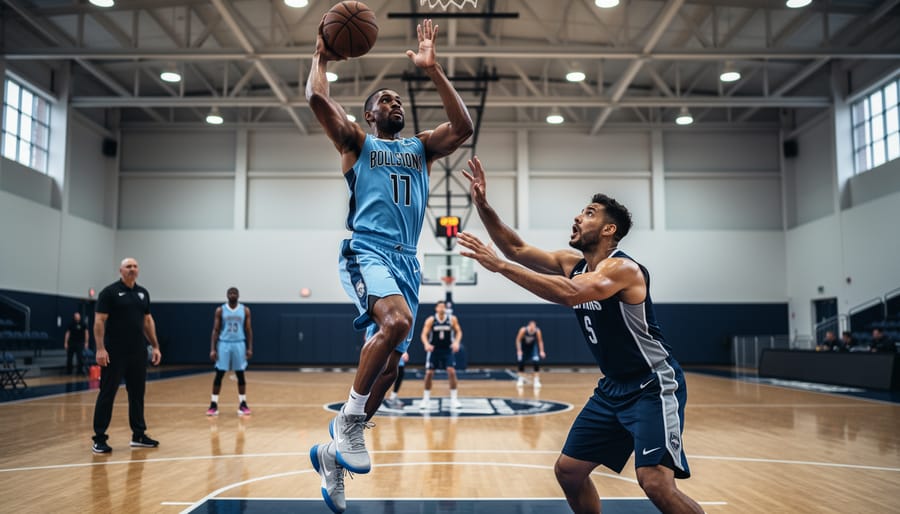 Basketball player shooting a pull-up jumper while a defender closes out in the background