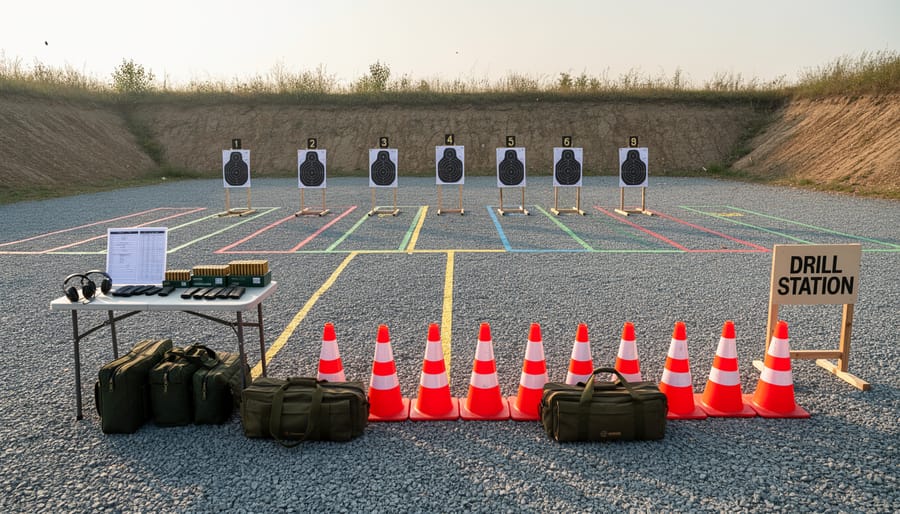 Organized basketball shooting drill equipment with basketballs, markers, and a coach nearby