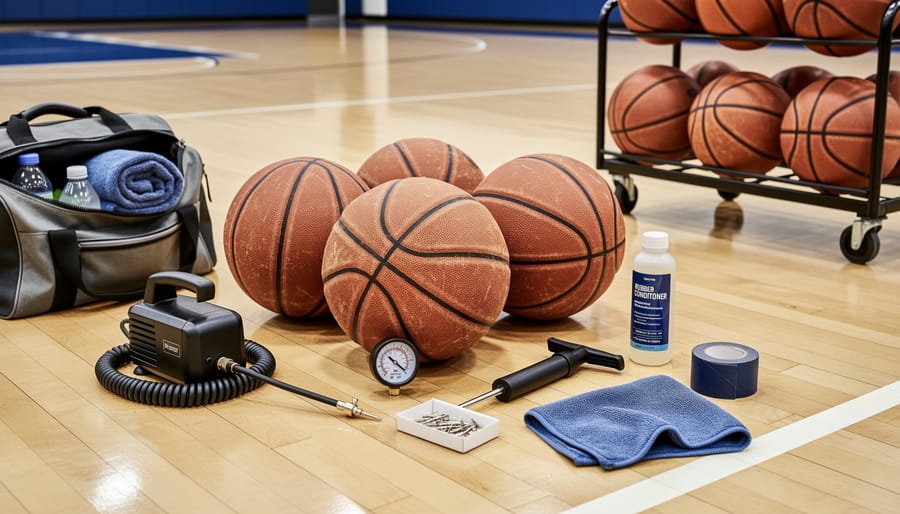 Close-up of a basketball next to a ball pump on a hardwood gym floor.