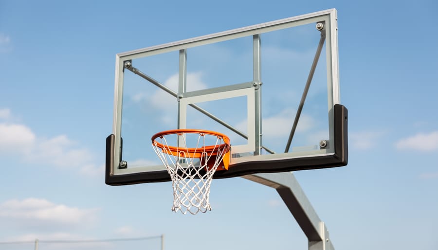 View looking up at a basketball hoop, backboard, and net in a gym.