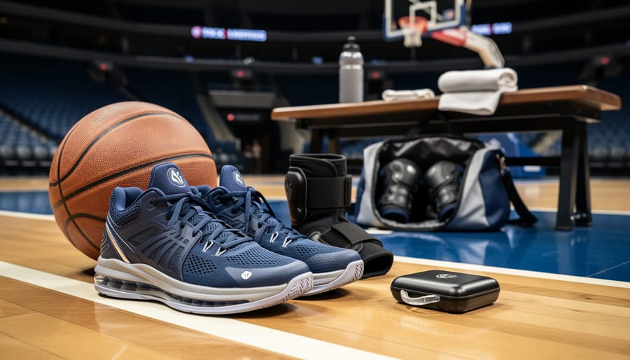 Basketball players preparing with high-top shoes, knee pads, and protective gear near a court bench.