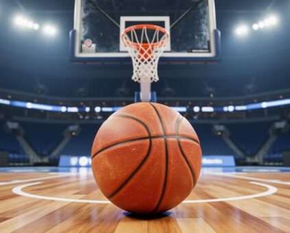 Orange basketball positioned in front of a regulation rim and tempered glass backboard on an indoor basketball court with blurred arena elements in the background.