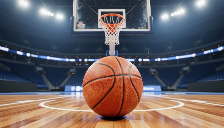 Orange basketball positioned in front of a regulation rim and tempered glass backboard on an indoor basketball court with blurred arena elements in the background.